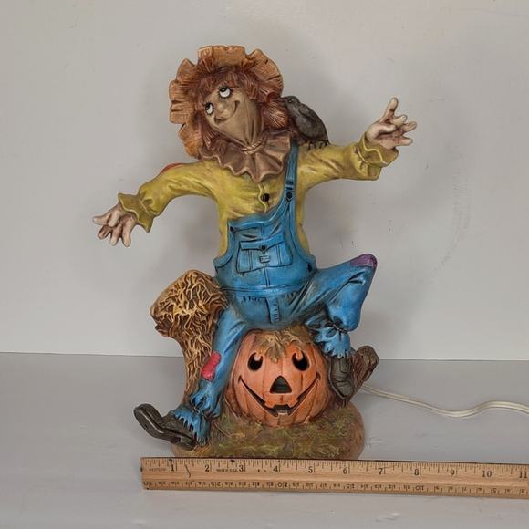 Byron Molds Vintage Patchwork Scarecrow Light Up Ceramic Pumpkin Jack-o'-lantern - Picture 6 of 16